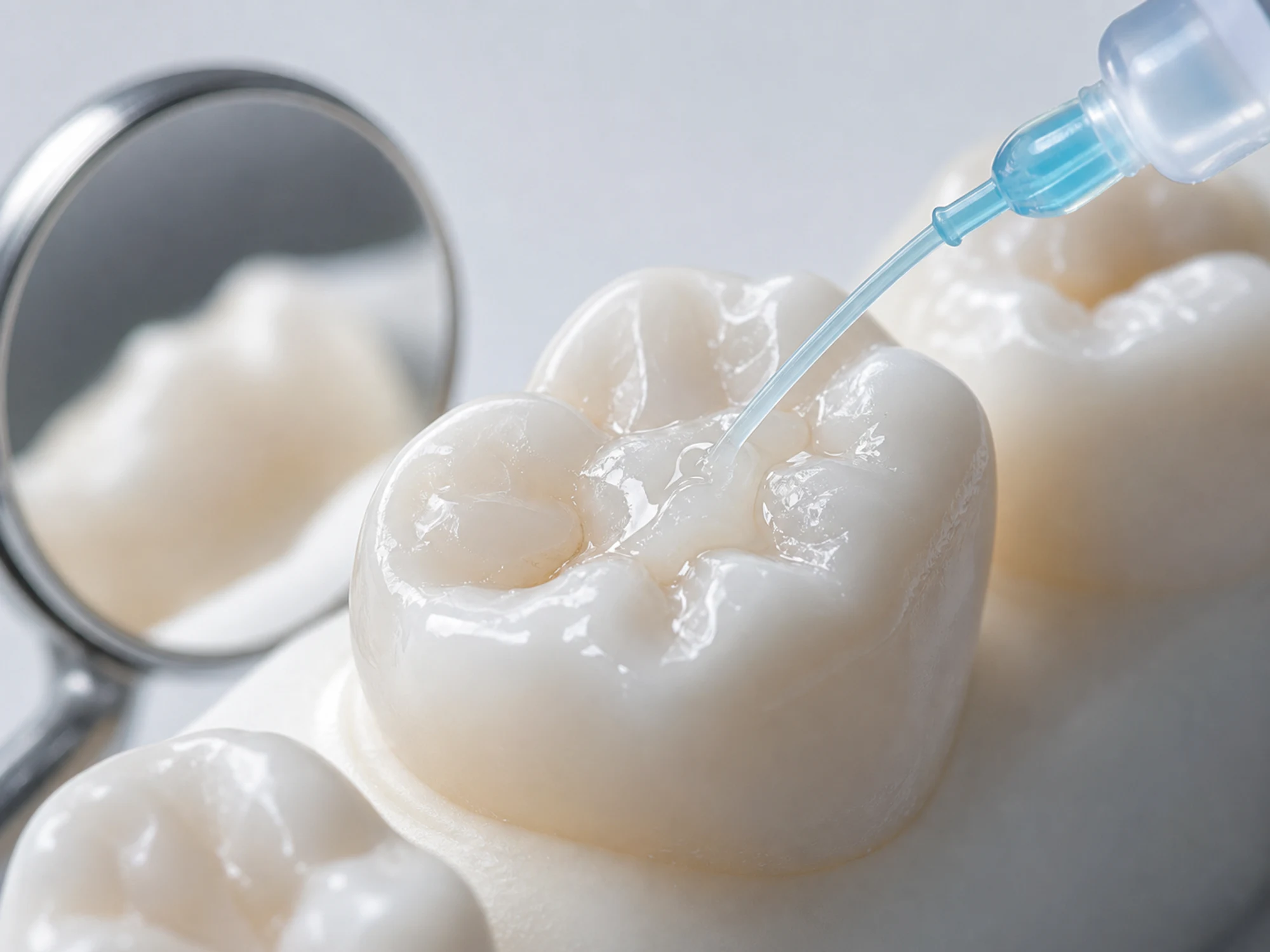 Sealant applicator placing a protective coating in the grooves of an adult molar model