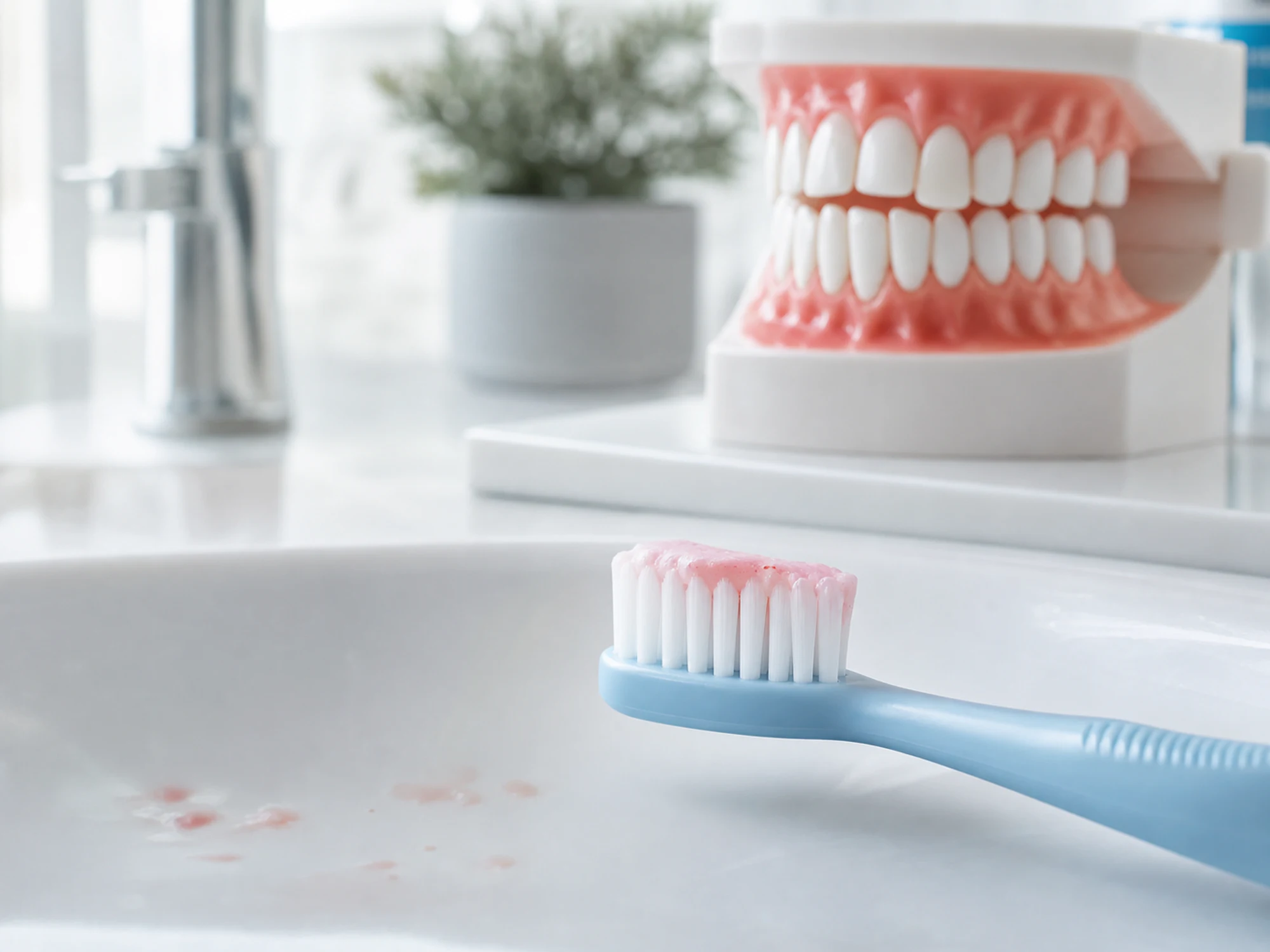 Soft toothbrush and gum model illustrating daily gum care
