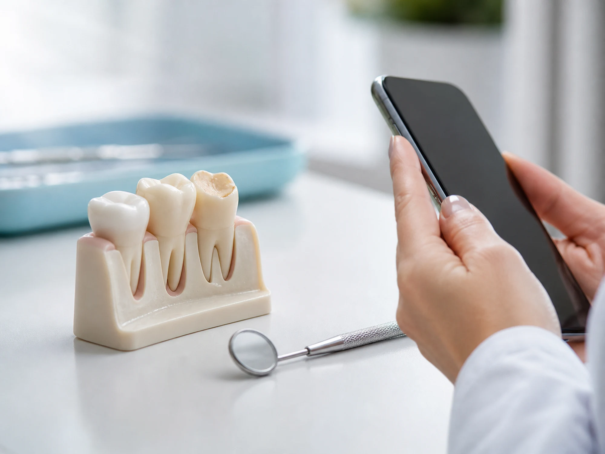 Dental crown and tooth models beside a phone and inspection mirror
