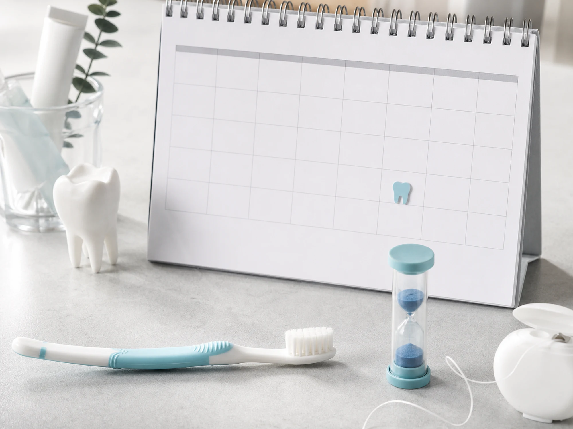 Child-size toothbrush, timer, tooth model, and dental appointment calendar