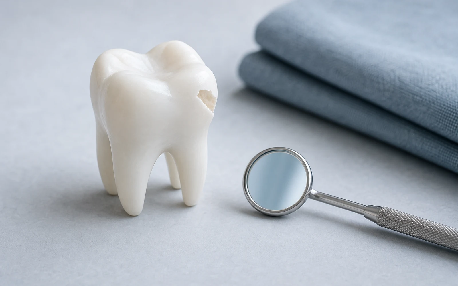 Chipped tooth teaching model beside a dental mirror on a blue and white surface