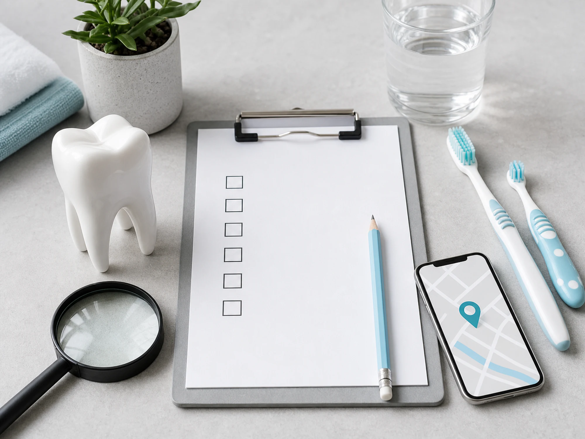 Dental checklist, magnifying glass, map pin, and adult and child toothbrushes