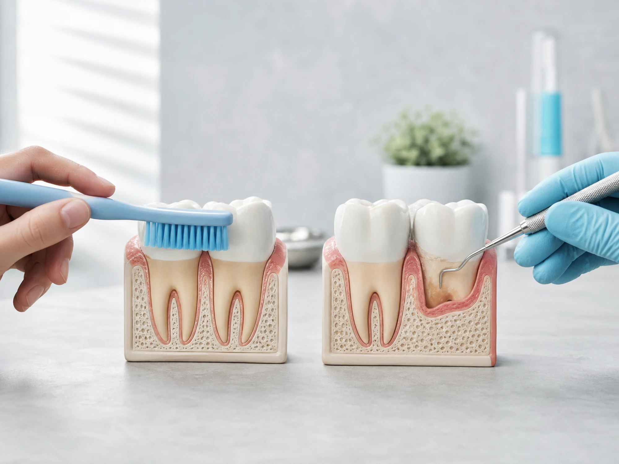 Tooth and gum models comparing cleaning above and below the gumline