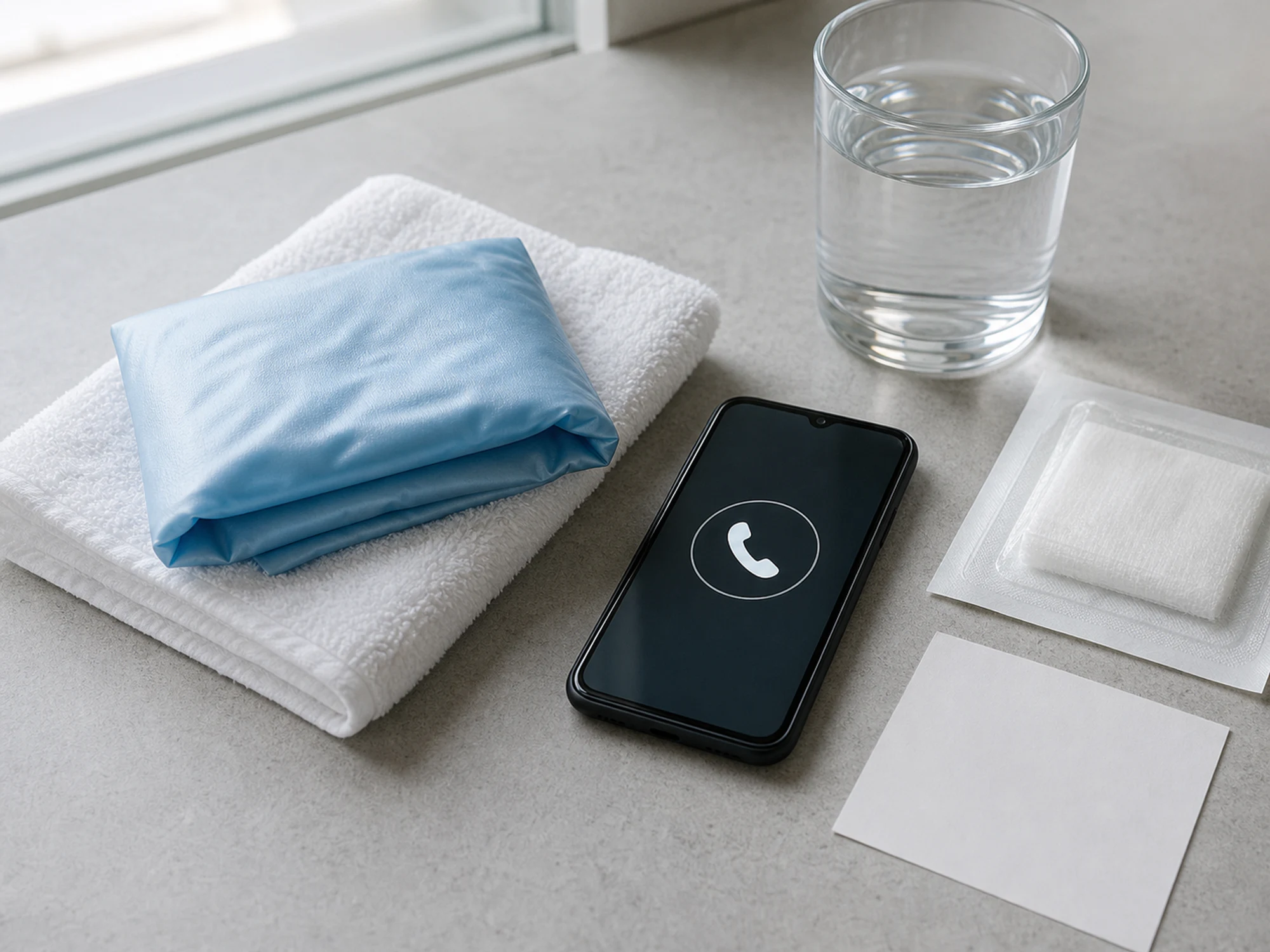 Cold compress, phone, gauze, and water arranged for temporary dental emergency care