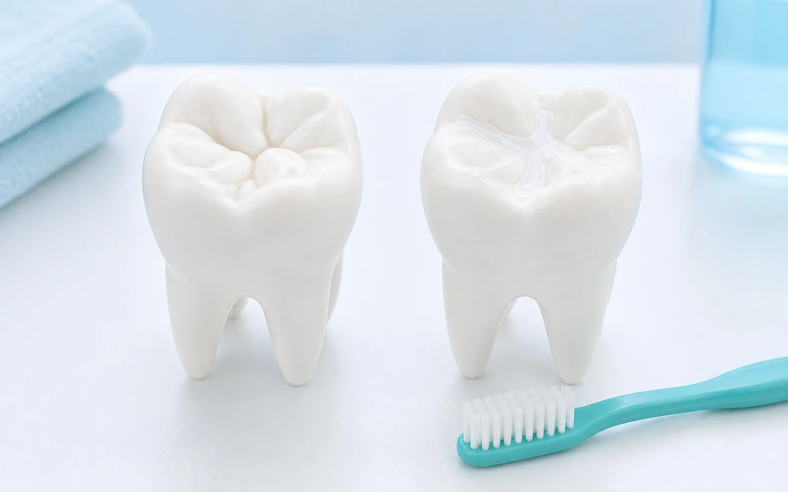 Two molar teaching models showing natural grooves and a protective dental sealant