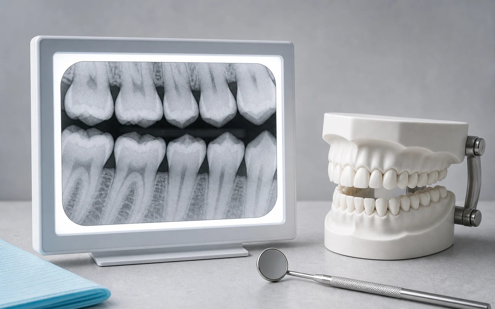 Anonymous dental X-ray on a viewing panel beside a jaw model and dental mirror