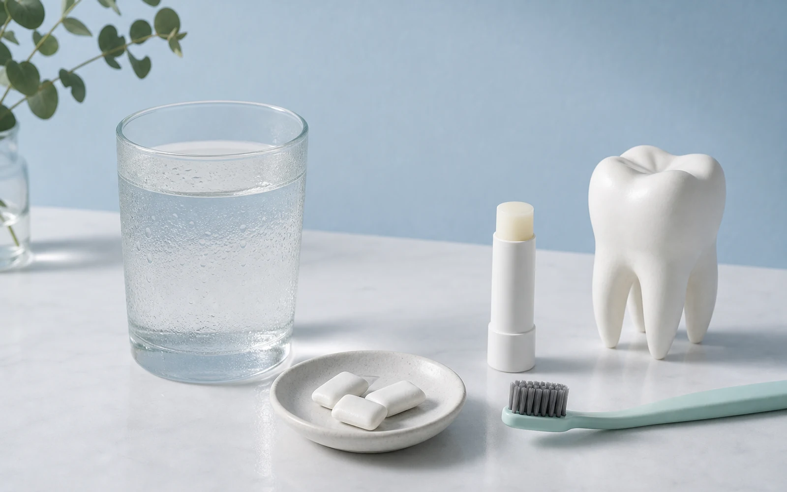 Glass of water, sugar-free gum, lip balm, toothbrush, and tooth model for dry-mouth care