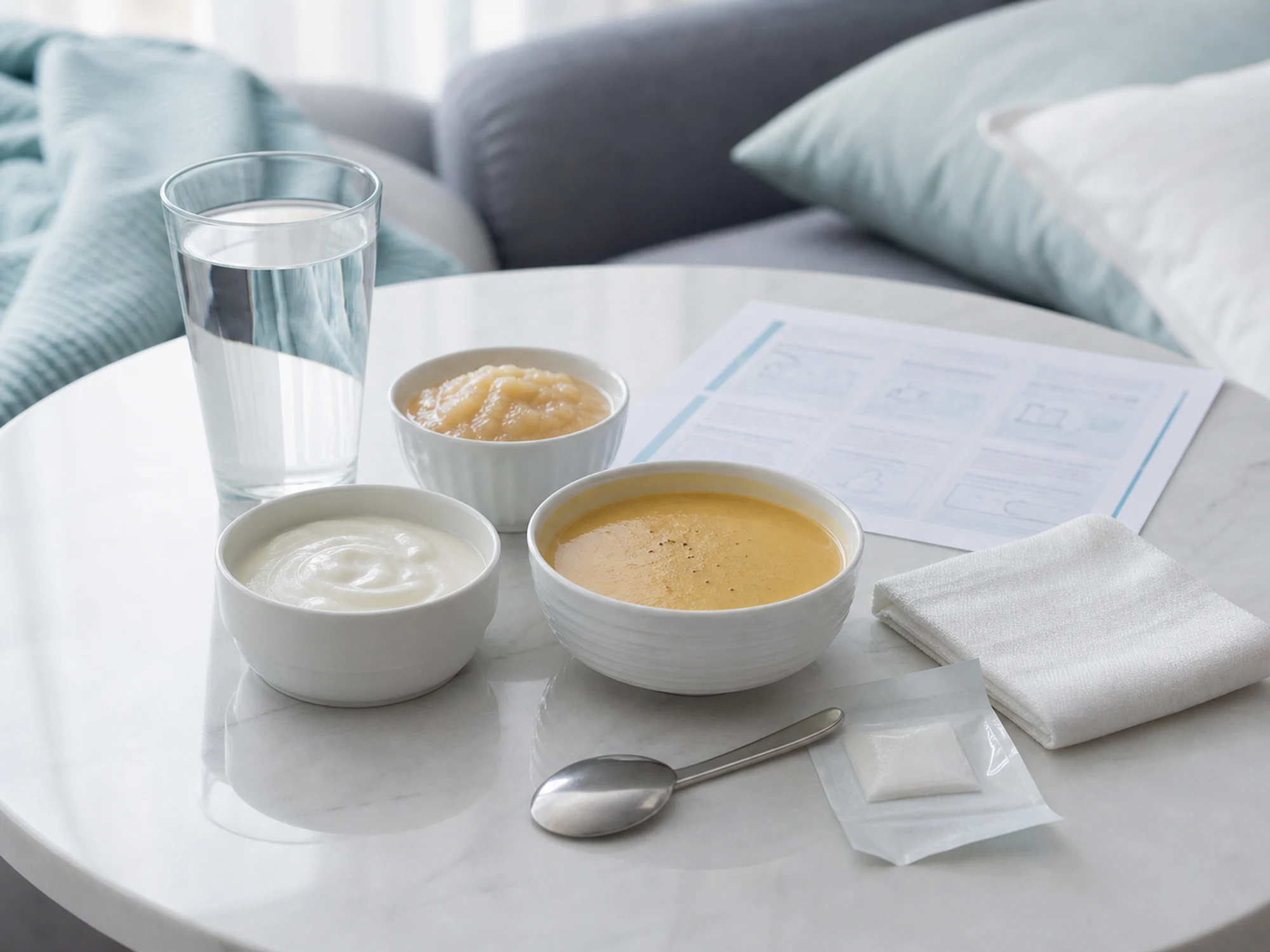 Soft foods, water, gauze, and aftercare supplies following a tooth extraction