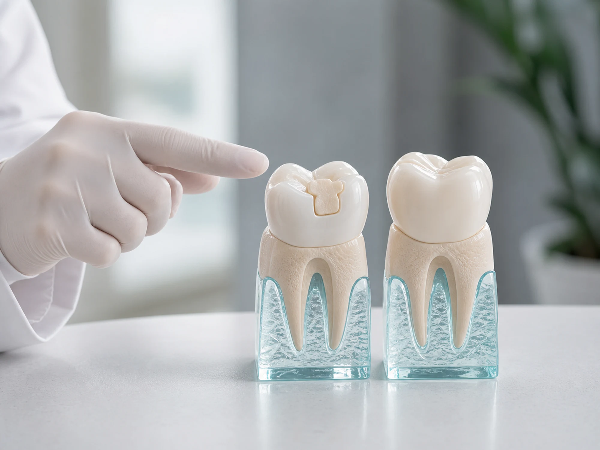 Tooth models comparing a small filling with a full dental crown