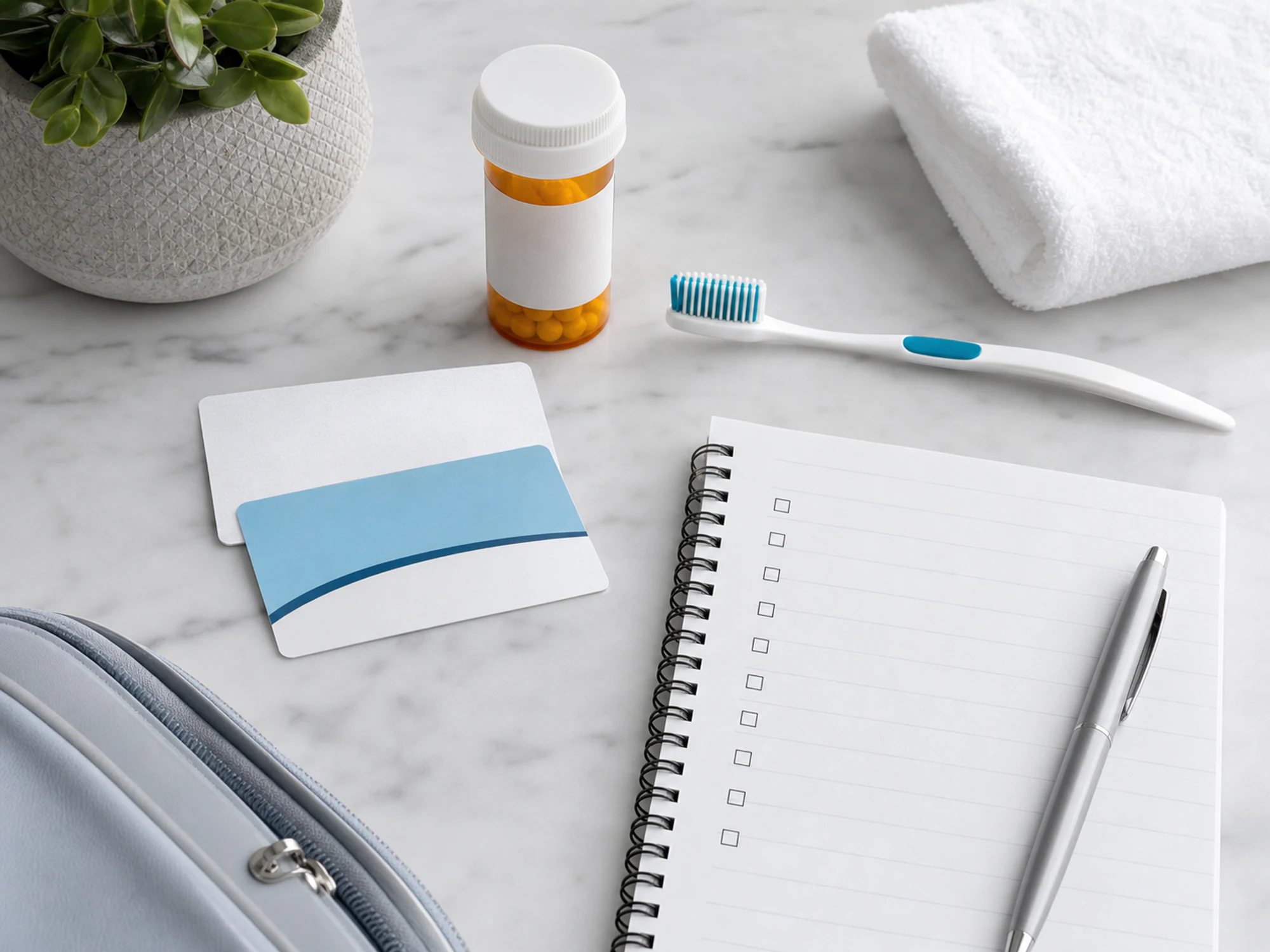 Blank dental visit checklist, generic cards, toothbrush, and calculator
