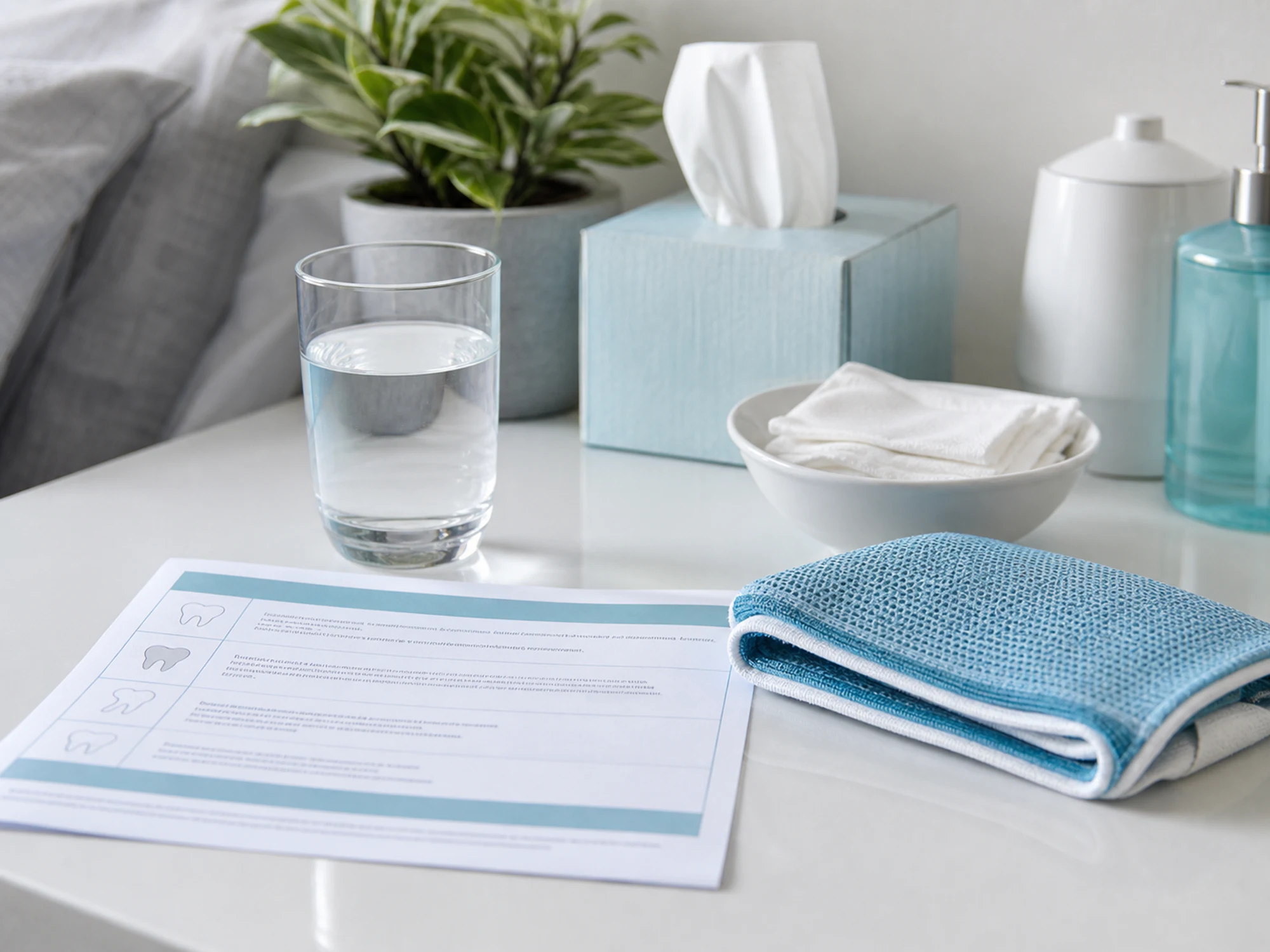 Water, folded cold pack, and organized dental aftercare supplies