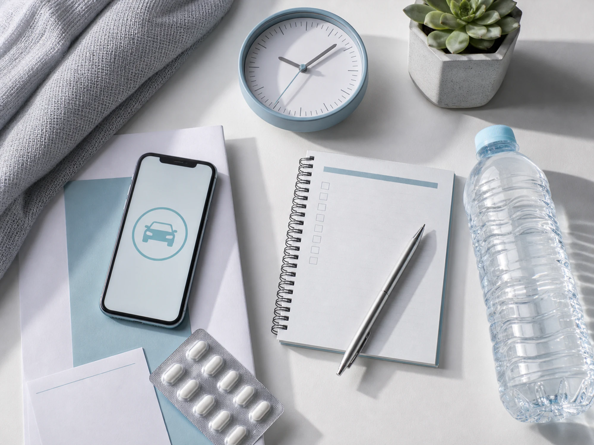 Phone with ride symbol, blank medication list, water, and clock for pre-operative planning