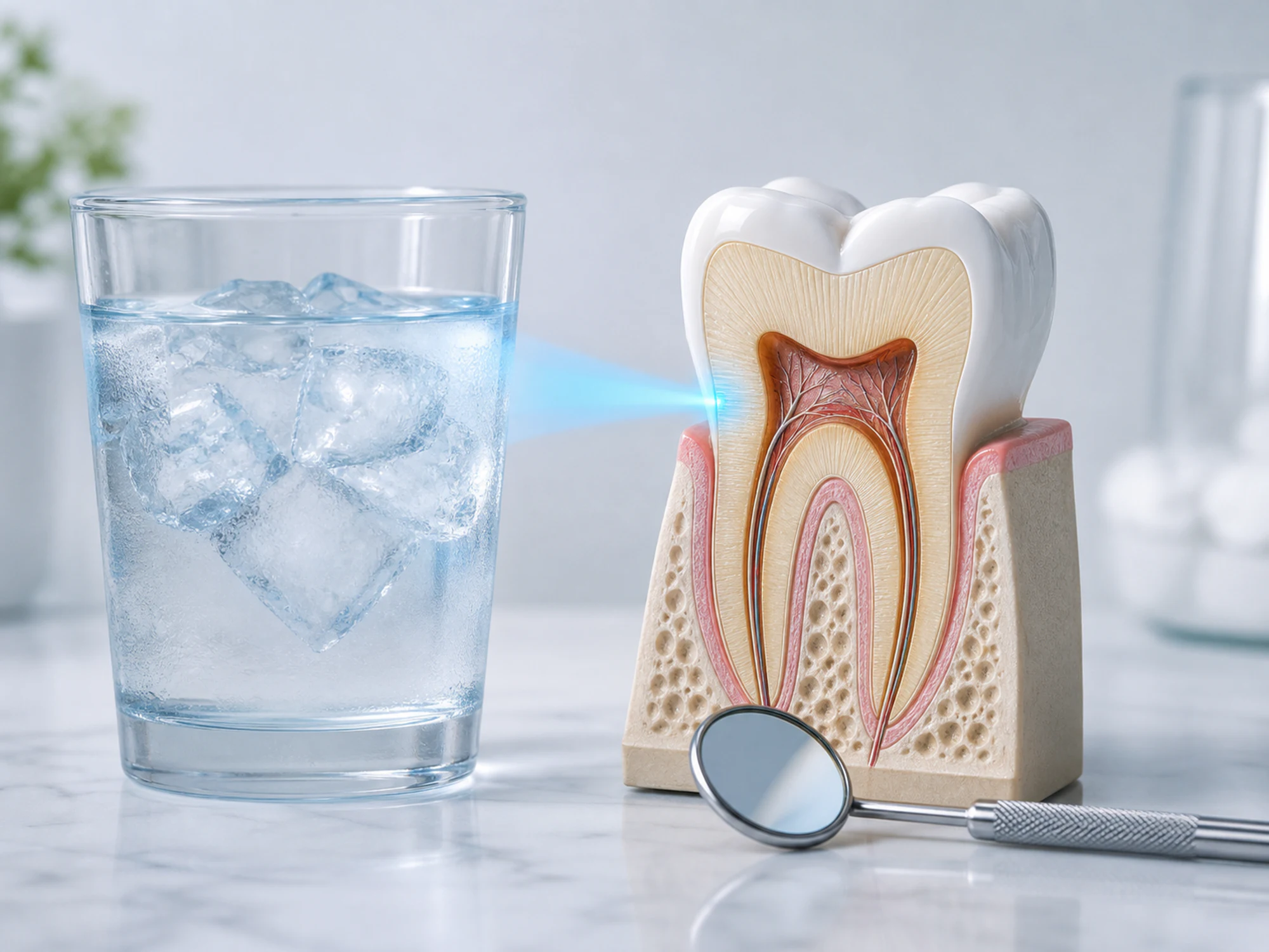 Glass of ice water beside a tooth cross-section model illustrating cold sensitivity