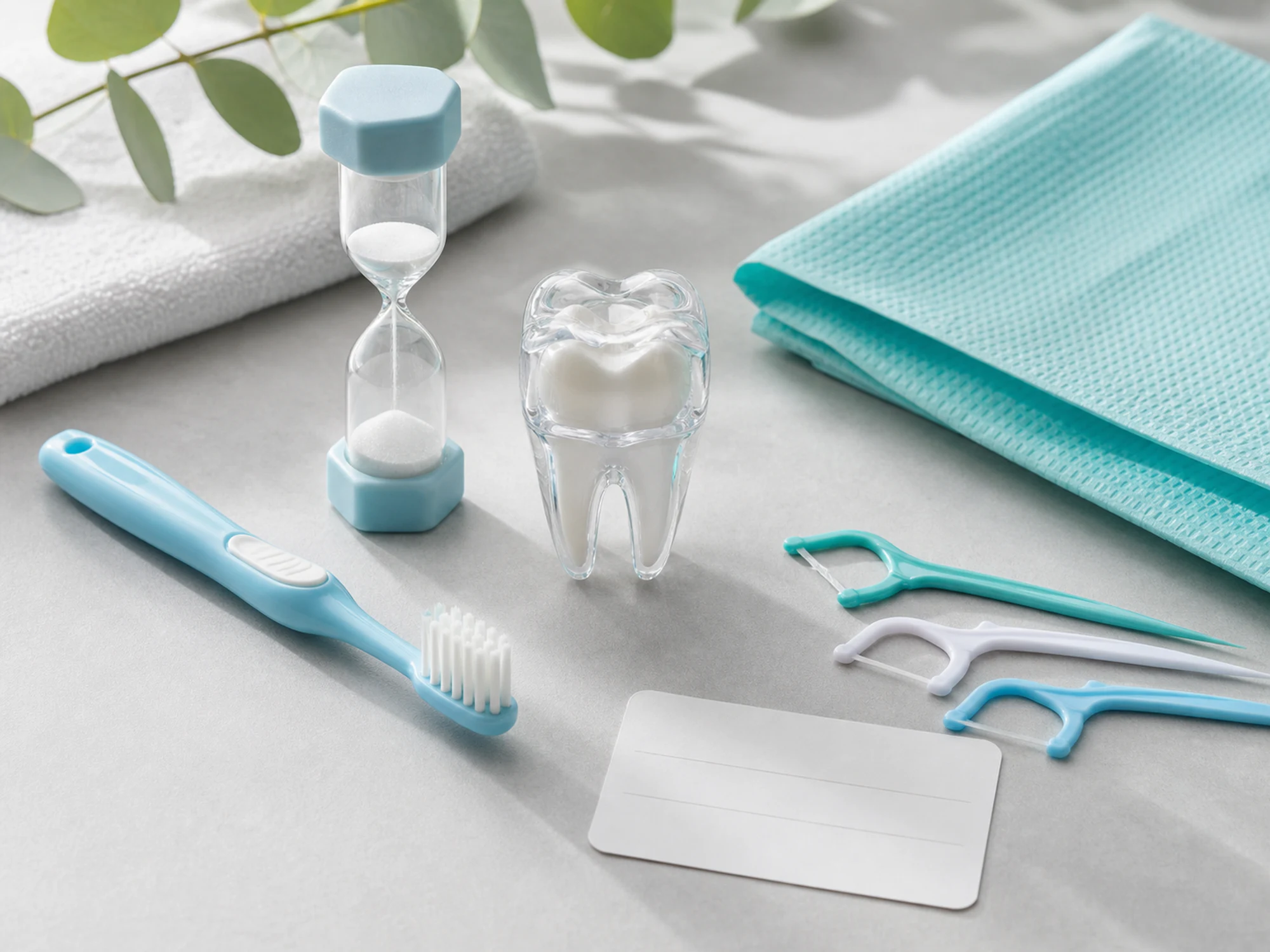 Child-size toothbrush, timer, tooth model, and flossing tools for children's dental care