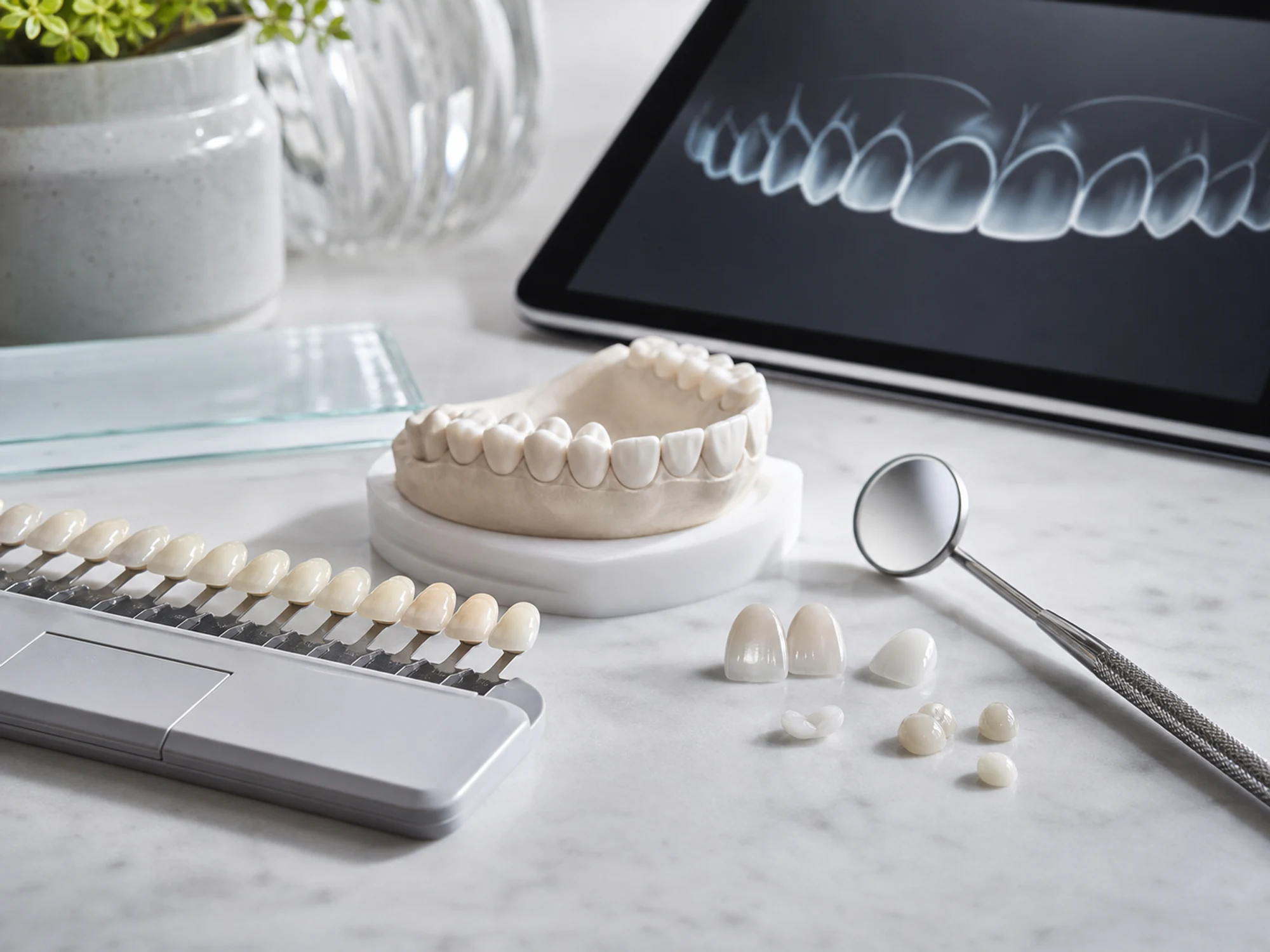 Dental shade guide, tooth models, and ceramic samples for cosmetic treatment planning