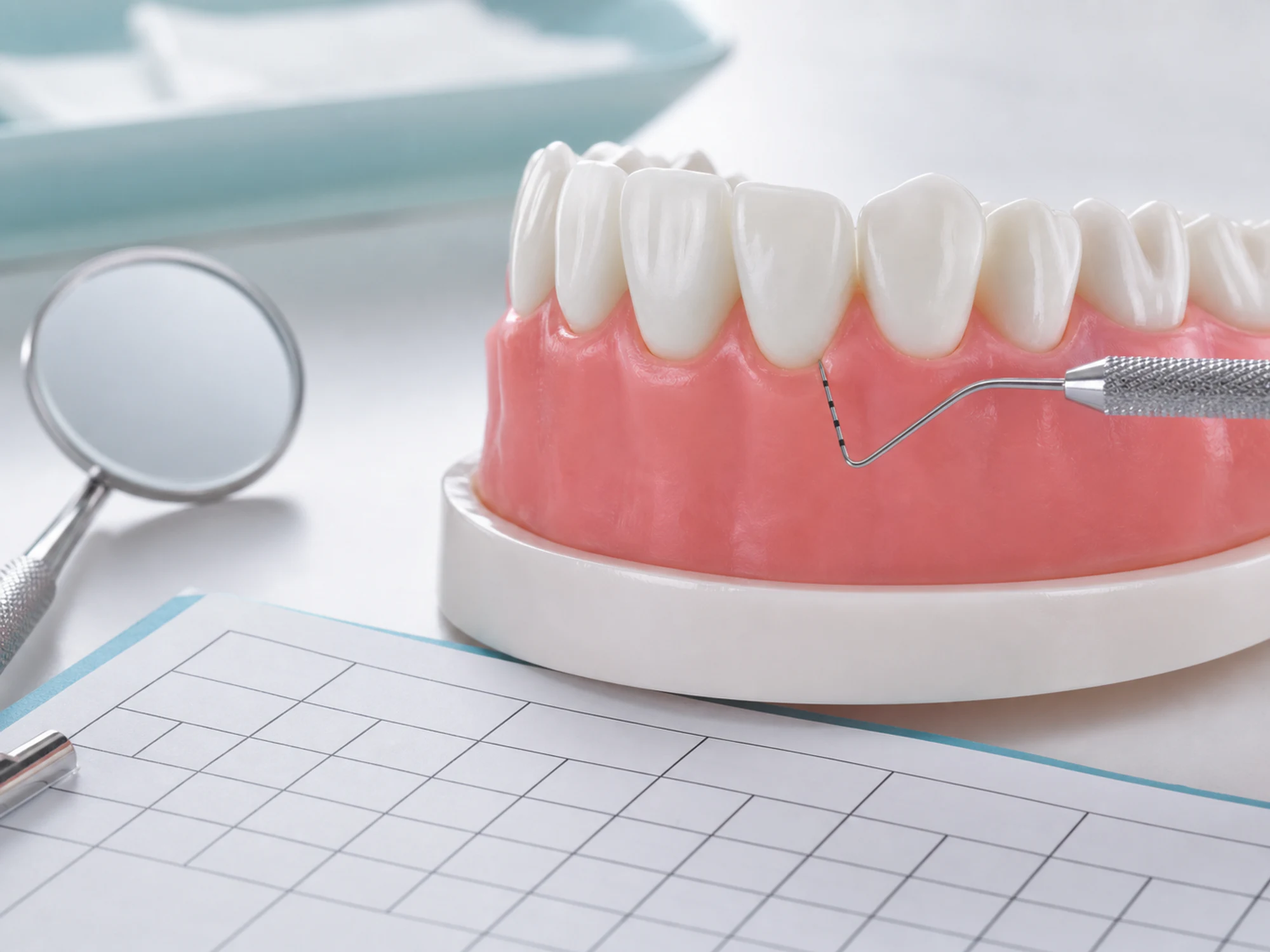 Gum model, periodontal probe, dental mirror, and blank periodontal chart