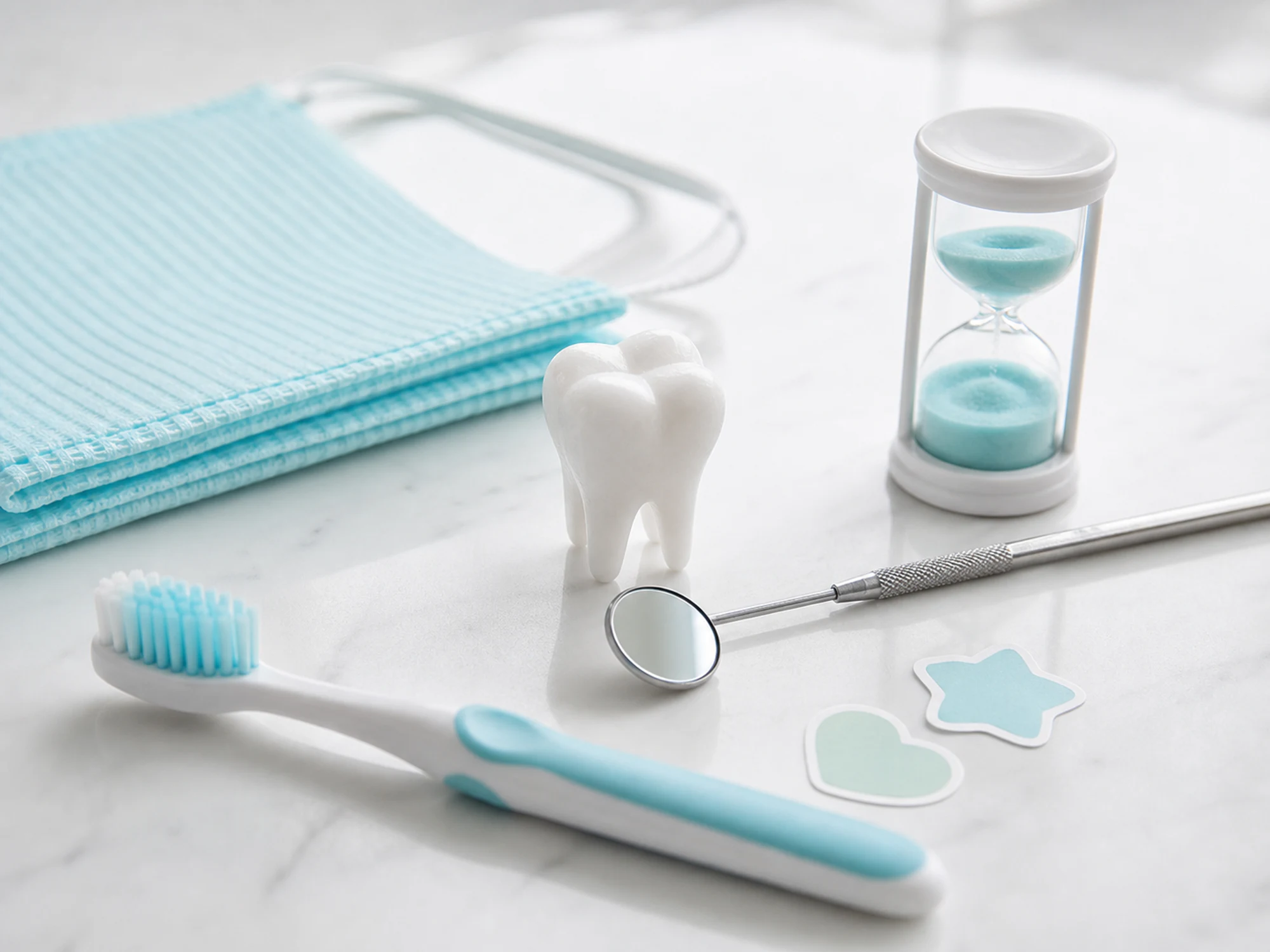 Child-size toothbrush, tooth model, dental mirror, and timer for pediatric dental care