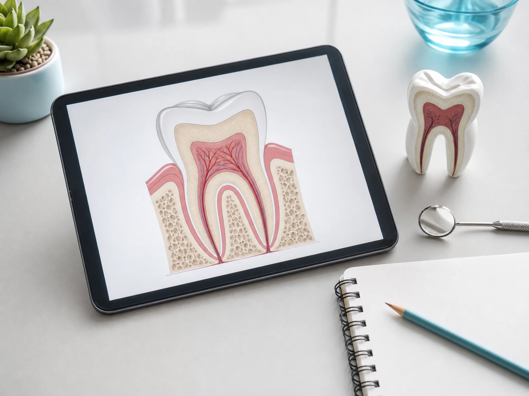 Tooth anatomy diagram on a tablet with dental models and educational tools
