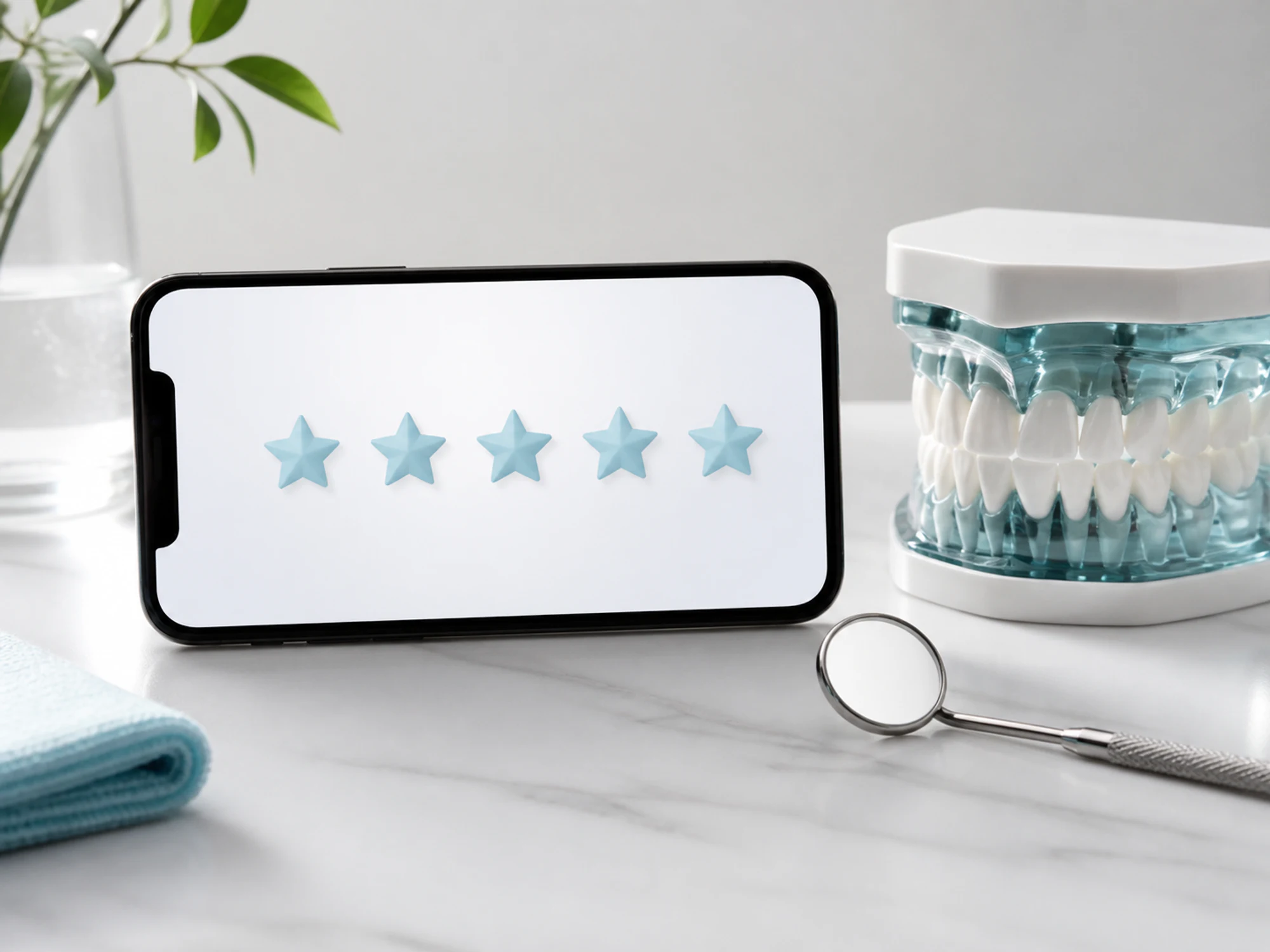 Five review stars displayed beside a dental model and mirror